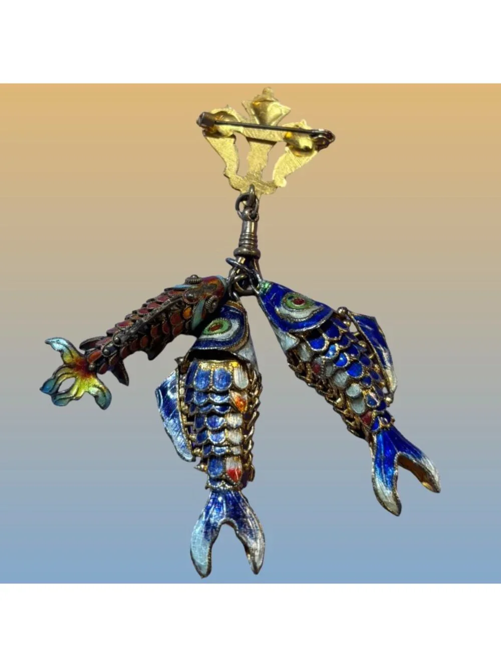 Cloisonné Enamel Three Fish Dangling from Fleur-de-lis brooch Brooch Statement